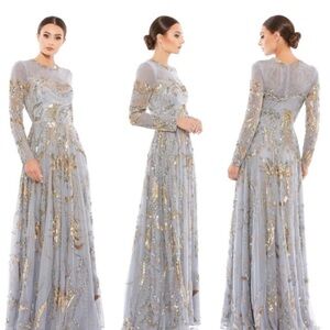 Elegant Gray and Gold Embellished Evening Gown